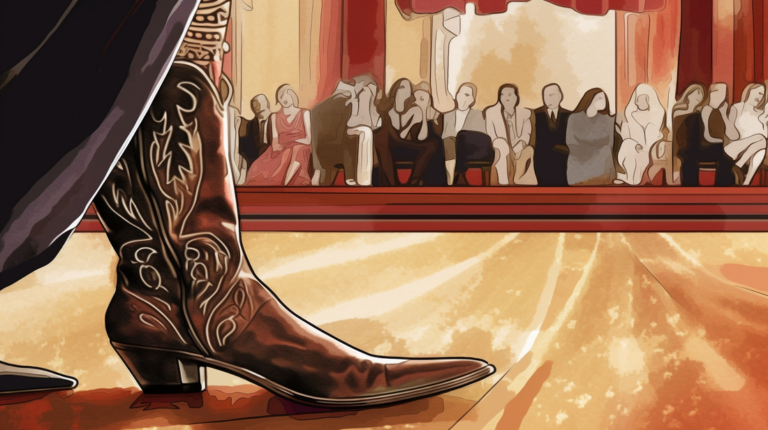 Illustrazione grafica digitale di un paio di stivali texani indossati su un palco